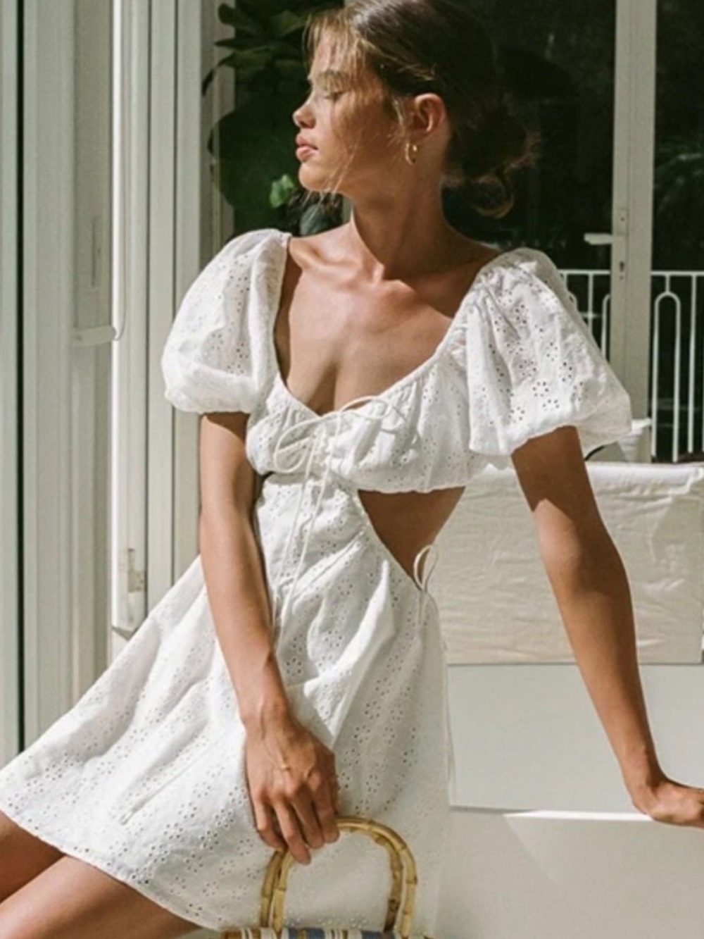 Sabo Skirt Azel White Eyelet Puff-Sleeve Cutout Mini Dress